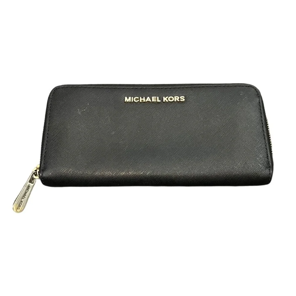 Michael Kors Zip Around Wallet Womens OS Black Saffiano Leather Gold Logo